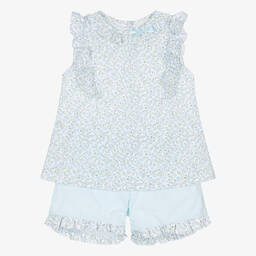 Sarah Louise-Girls Blue Ditsy Floral Cotton Shorts Set | Childrensalon Outlet