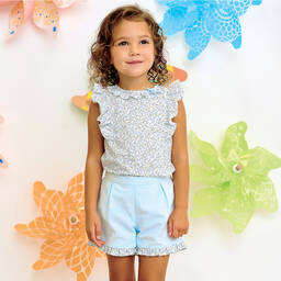 Sarah Louise-Girls Blue Ditsy Floral Cotton Shorts Set | Childrensalon Outlet