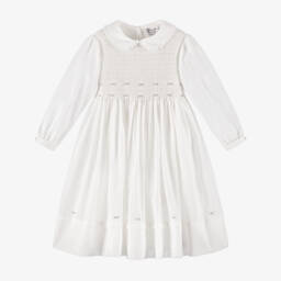 Sarah Louise-Girls Ivory Hand-Smocked Dress with Blue Floral Embroidery | Childrensalon Outlet