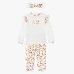 Sarah Louise-Girls Ivory & Pink Cotton Trouser Set | Childrensalon Outlet