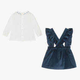 سارا لويز-طقم تنورة تطريز سموك مخمل لون أزرق | Childrensalon Outlet