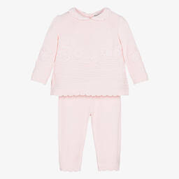 Sarah Louise-Girls Pink Floral Knitted Trouser Set | Childrensalon Outlet