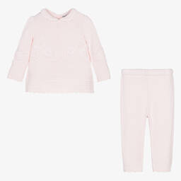 Sarah Louise-Girls Pink Floral Knitted Trouser Set | Childrensalon Outlet