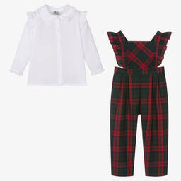 Sarah Louise-Girls Red & Green Tartan Dungaree Set | Childrensalon Outlet