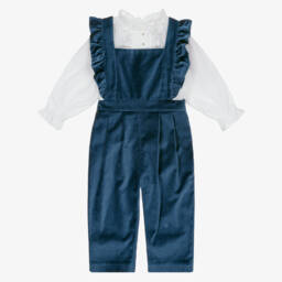 Sarah Louise-Girls Teal Blue Velvet Dungaree Set | Childrensalon Outlet