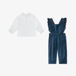 Sarah Louise-Girls Teal Blue Velvet Dungaree Set | Childrensalon Outlet