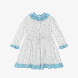 Sarah Louise-Girls White Cotton Floral Dress with Blue Velvet Trims | Childrensalon Outlet