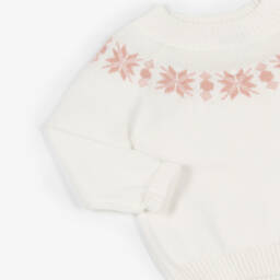 سارا لويز-Girls White Cotton Knit Sweater with Pink Snowflakes | Childrensalon Outlet