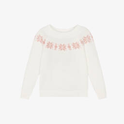 سارا لويز-Girls White Cotton Knit Sweater with Pink Snowflakes | Childrensalon Outlet