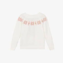 سارا لويز-Girls White Cotton Knit Sweater with Pink Snowflakes | Childrensalon Outlet