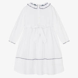Sarah Louise-Girls White & Navy Blue Smocked Dress | Childrensalon Outlet
