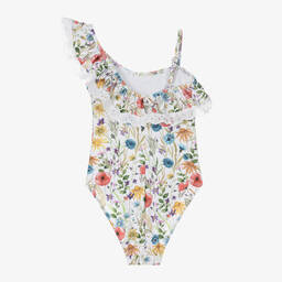 Selini Action-Girls White Beaded Floral Ruffle Swimsuit | Childrensalon Outlet