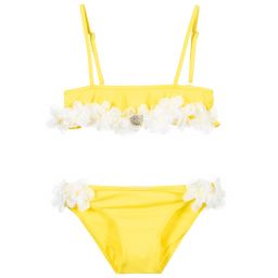 Selini Action-مايّو بيكيني لون أصفر وأبيض مزين بورود | Childrensalon Outlet