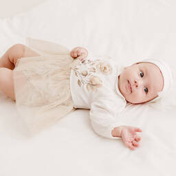 Sofija-فستان قطن لون عاجي وذهبي للمولودات | Childrensalon Outlet