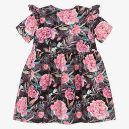 Sofija-فستان قطن جيرسي لون أسود وزهري بطبعة ورود | Childrensalon Outlet