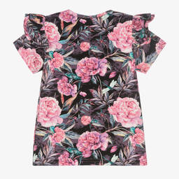 Sofija-Girls Black & Pink Floral Cotton T-Shirt | Childrensalon Outlet