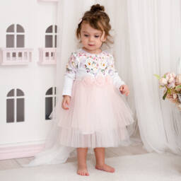 Sofija-Girls Blush Floral Cotton & Tulle Frock | Childrensalon Outlet