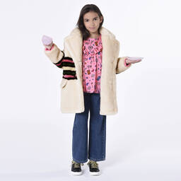Sonia Rykiel Paris-معطف فرو صناعي مقلم لون عاجي للبنات | Childrensalon Outlet