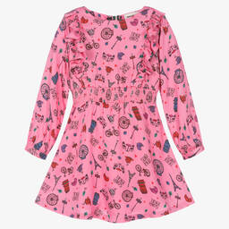 Sonia Rykiel Paris-Розовое платье из вискозы с парижским принтом | Childrensalon Outlet