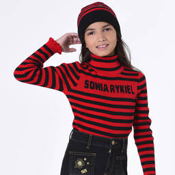 Sonia Rykiel Paris-Girls Red Stripe Cotton Roll Neck Top | Childrensalon Outlet