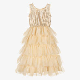 Souza-فستان قطيفة وتول مزين بترتر لون ذهبي | Childrensalon Outlet