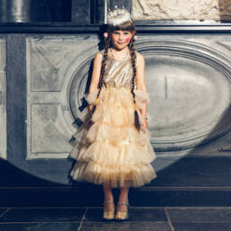 Souza-فستان قطيفة وتول مزين بترتر لون ذهبي | Childrensalon Outlet