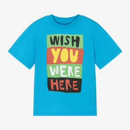 Stella McCartney Kids-Boys Blue Cotton 'Wish You Were Here' T-Shirt | Childrensalon Outlet