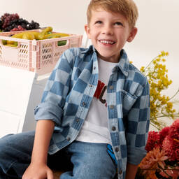 Stella McCartney Kids-Boys Blue Organic Cotton Check Denim Shirt | Childrensalon Outlet