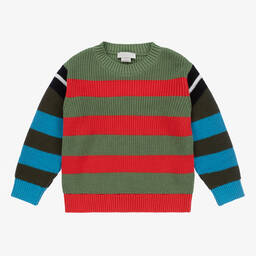 Stella McCartney Kids-Зеленый свитер из хлопка и шерсти в полоску | Childrensalon Outlet