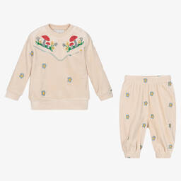 Stella McCartney Kids-Girls Beige Velour  Flower Tracksuit | Childrensalon Outlet