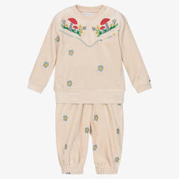 Stella McCartney Kids-Girls Beige Velour  Flower Tracksuit | Childrensalon Outlet