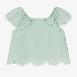 Stella McCartney Kids-بلوزة بحواف صدفية فيسكوز لون أخضر | Childrensalon Outlet