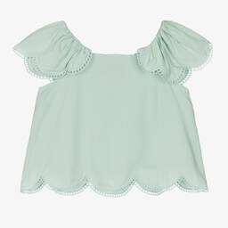 Stella McCartney Kids-بلوزة بحواف صدفية فيسكوز لون أخضر | Childrensalon Outlet