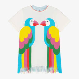 Stella McCartney Kids-Кремовое хлопковое платье с бахромой и попугаями | Childrensalon Outlet