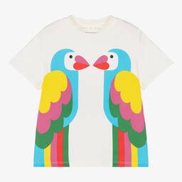 Stella McCartney Kids-Кремовая футболка из органического хлопка с попугаями | Childrensalon Outlet