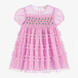 Stella McCartney Kids-Платье из розового тюля с присборенной вышивкой для девочек | Childrensalon Outlet