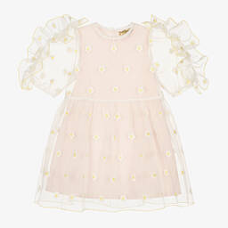 Stella McCartney Kids-Розовое платье из органзы с вышитыми ромашками | Childrensalon Outlet