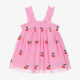 Stella McCartney Kids-فستان بناتي وردي من التول بتصميم الكرز الفاخر | Childrensalon Outlet