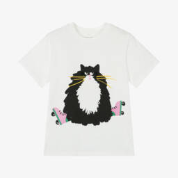 Stella McCartney Kids-Ivory Cat Patch Tee for Girls | Childrensalon Outlet