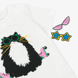 Stella McCartney Kids-Ivory Cat Patch Tee for Girls | Childrensalon Outlet