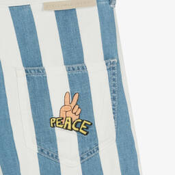 Stella McCartney Kids-شورت قطن عضوي دنيم مقلم لون أبيض وأزرق | Childrensalon Outlet