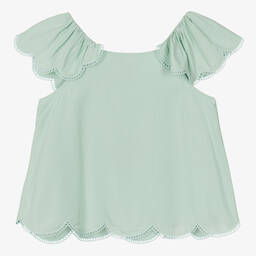 Stella McCartney Kids-بلوزة بحواف صدفية فيسكوز لون أخضر | Childrensalon Outlet