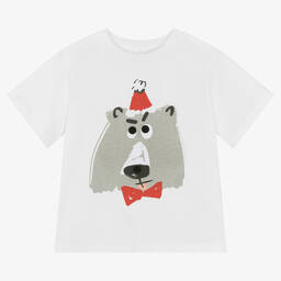 Stella McCartney Kids-Белая хлопковая футболка с медведем | Childrensalon Outlet