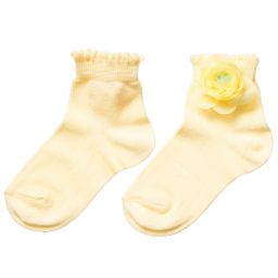 Story Loris-Girls Pale Yellow Socks with Floral Appliqué | Childrensalon Outlet