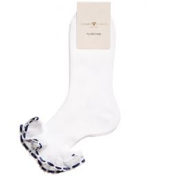 Story Loris-Girls White Cotton Socks with Blue Ribbon Ruffles | Childrensalon Outlet