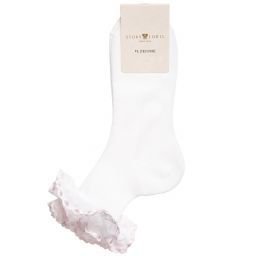 Story Loris-Girls White Cotton Socks with Pale Pink Ribbon Ruffles | Childrensalon Outlet