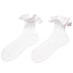 Story Loris-Girls White Cotton Socks with Pale Pink Ribbon Ruffles | Childrensalon Outlet