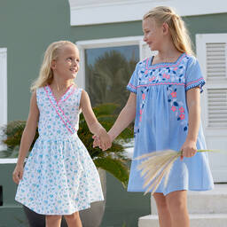 Sunuva-Голубое хлопковое платье в цветочек с запахом спереди | Childrensalon Outlet