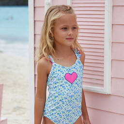 Sunuva-Girls Blue Floral Heart Swimsuit | Childrensalon Outlet