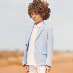 Tartine et Chocolat-جاكيت صبياني مخطط بلون أزرق سماوي من قماش سييرساكر | Childrensalon Outlet